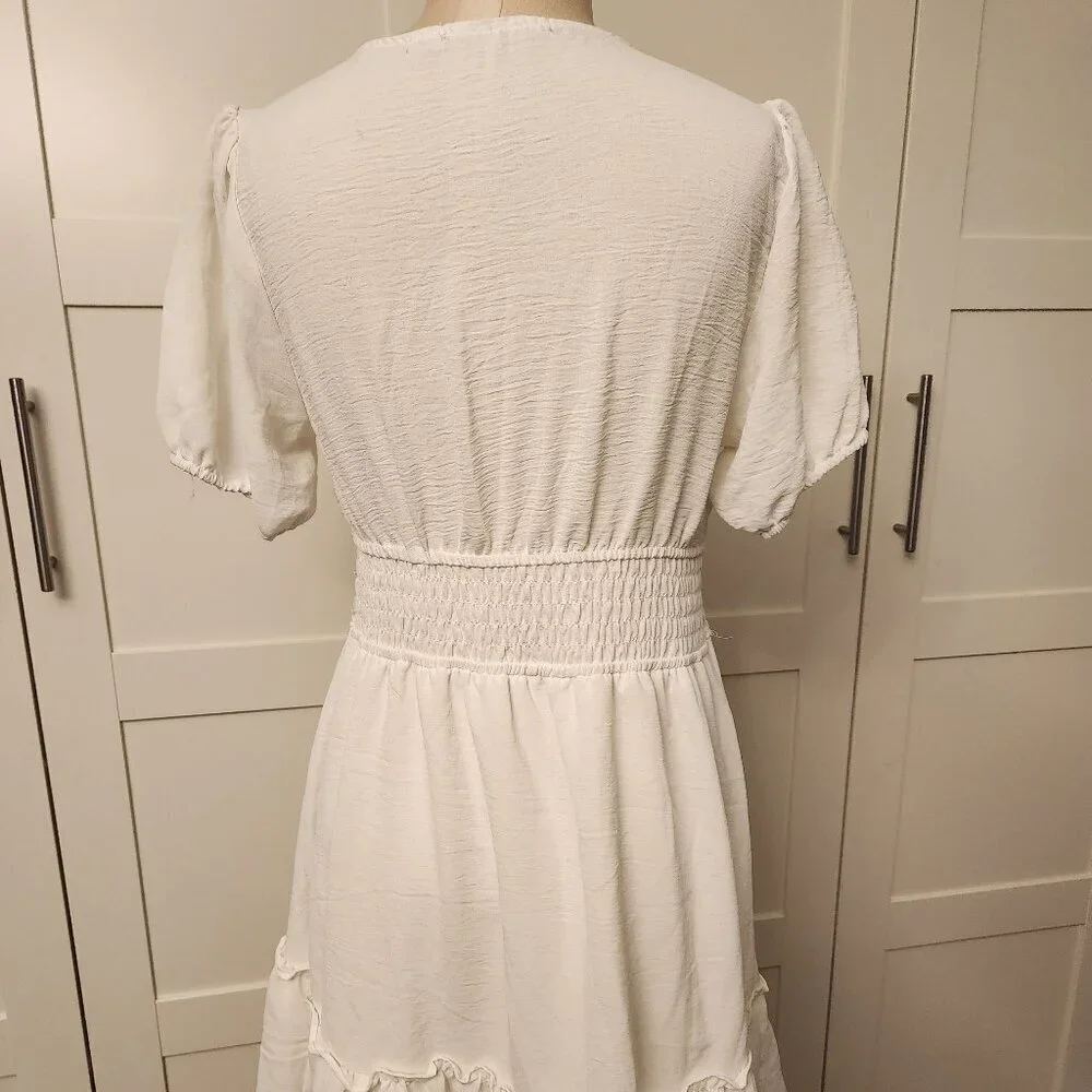 Liberty Love Boho White Summer Dress L | Ruffle Hem Bubble Sleeve Midi
